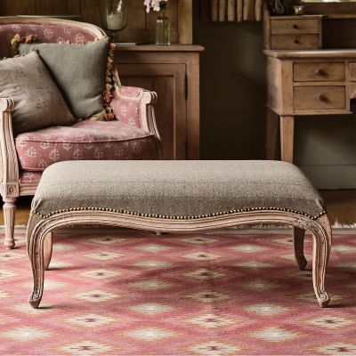 Cabriole Footstool Plain Grey Red Check Wool