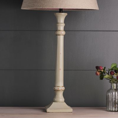 Handmade wooden stick lamp base. Hand-painted in grey with gold and red detail, including delicate hand-painted red stars.