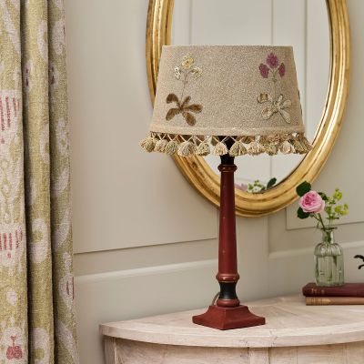 Embroidered Saffron Linen Auriculas 14" Lampshade with tassels