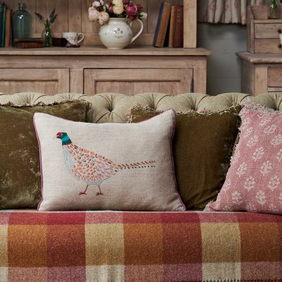 Embroidered Pheasant Linen Cushion