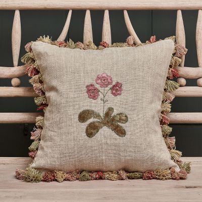 Embroidered Rose Auricula Rustic Linen Cushion with Tassels