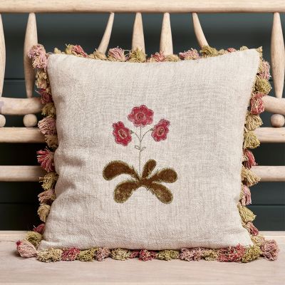 Embroidered Rose Auricula Rustic Linen Cushion with Tassels