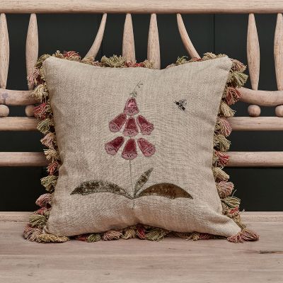 Rose Foxglove Rustic Linen Cushion with Tassels