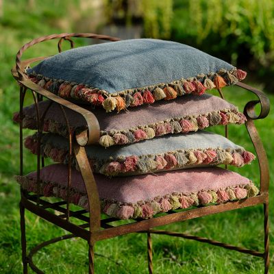 Faded Indigo Rustic Linen Cushion With Tassels