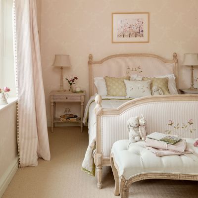 Ex-Display - Upholstered Full Bed in Pink Rosebud Stripe Cotton - King Size