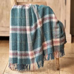 indigo blue tartan wool throw with fringe and stripes in red and yellow