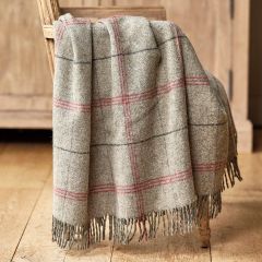 grey tartan wool throw with stripes of red and charcoal