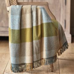 wool checked throw with shades of pale blue, natural and deep olive green . 