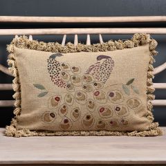 Embroidered Golden Peacocks Linen Cushion with Tassels