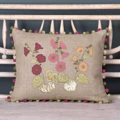 Hollyhocks Embroidered Linen Cushion