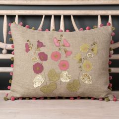 Hollyhocks Embroidered Linen Cushion in Velvet & Silk