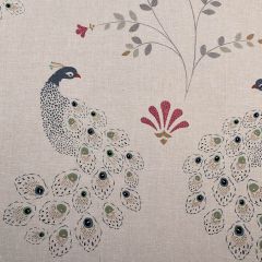 linen fabric printed with an intricate peacock design in shades of blue, green, gold and pink